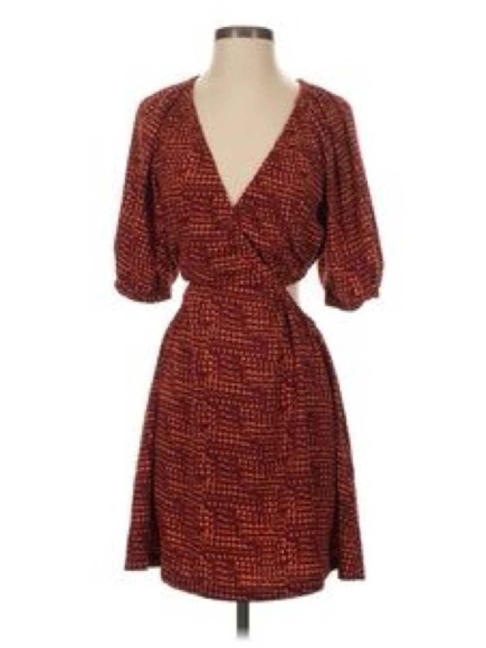 Open Edit Puff Sleeve Cut Out Mini Dress in Burnt Orange Red Print Sz Small Boho